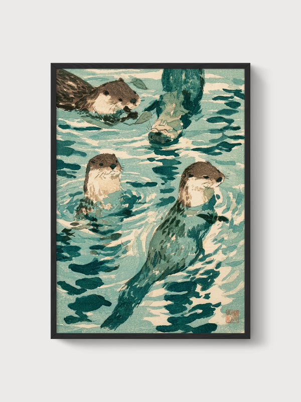 Otters Swimming Ukiyo E Wall Art poster in black frame