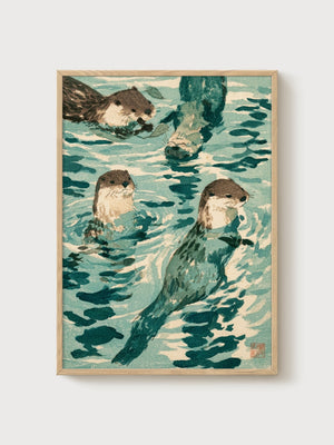 Otters Swimming Ukiyo E Wall Art poster in oak frame