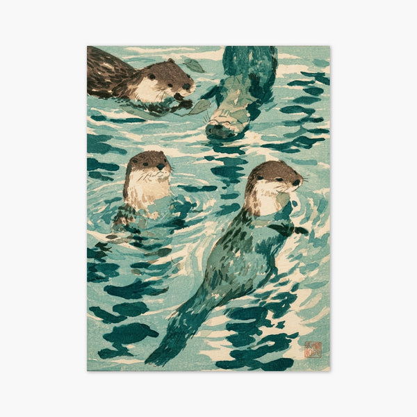 Otters Swimming Ukiyo E Wall Art art print