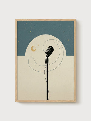 Vintage Microphone Moon Poster poster in oak frame