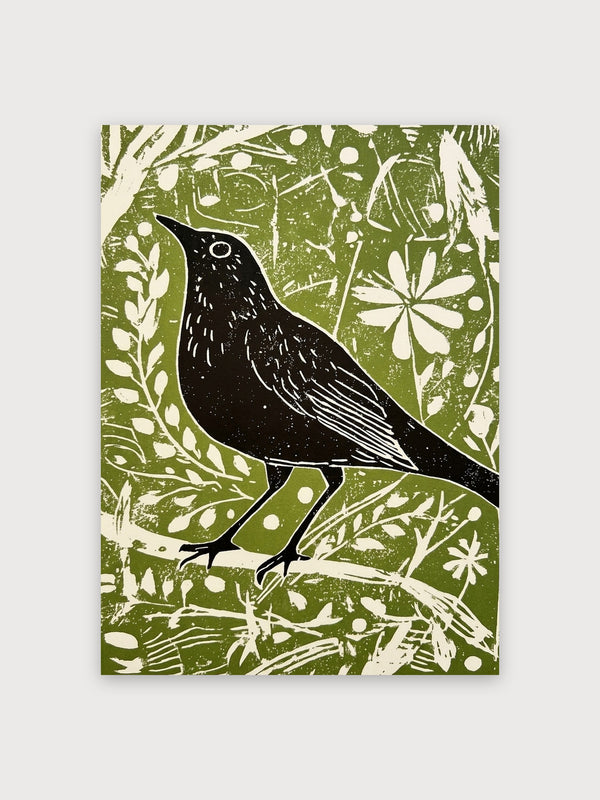 Blackbird With Blooms Woodcut - Digital Download