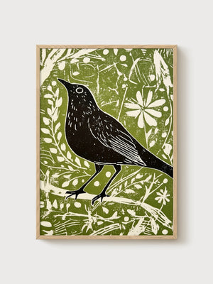 Folk Art Blackbird Print poster in oak frame