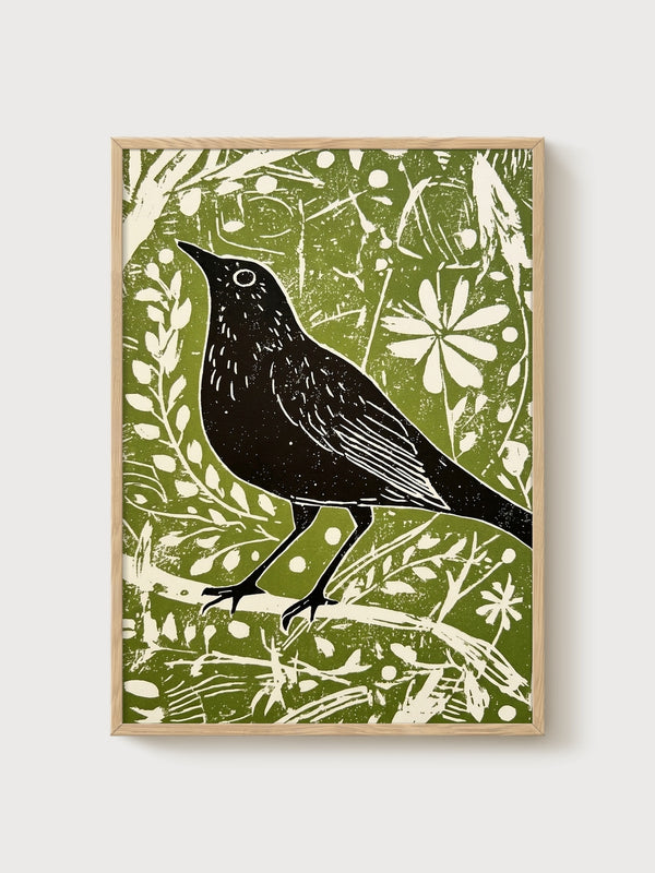 Folk Art Blackbird Print poster in oak frame