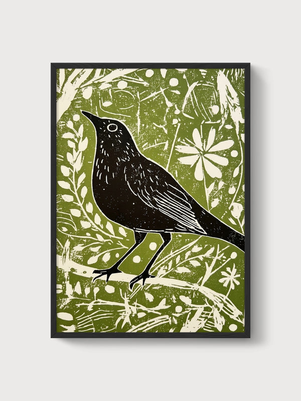 Folk Art Blackbird Print poster in black frame