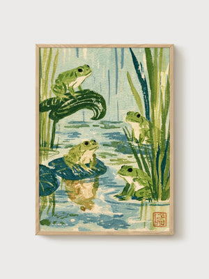 Frog Pond Japanese Print poster in oak frame