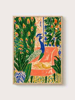 Peacock Wall Art poster in oak frame
