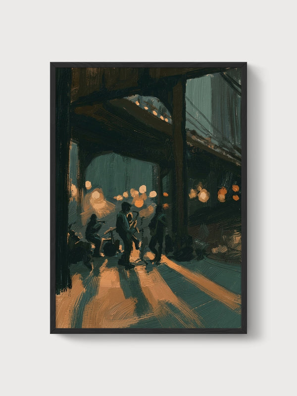 Edward Hopper Style Jazz Night Poster poster in black frame