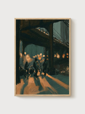 Edward Hopper Style Jazz Night Poster poster in oak frame