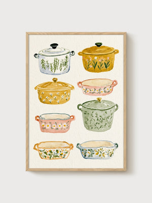Watercolor Vintage Casserole Dishes Print poster in oak frame