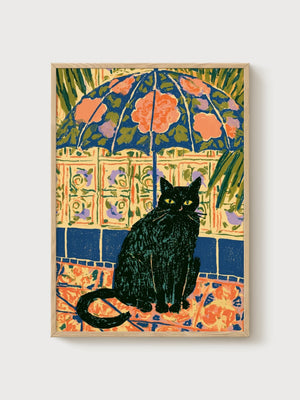 Black Cat Wall Art poster in oak frame