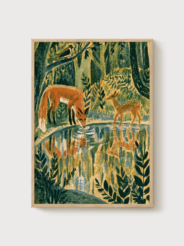 Fox and Deer at the Stream Print poster in oak frame