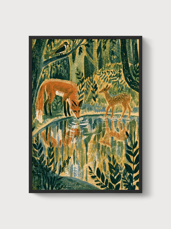 Fox and Deer at the Stream Print poster in black frame