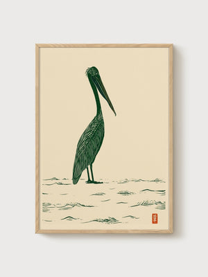 Pelican Bird Print poster in oak frame