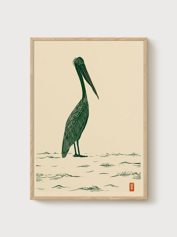 Pelican Bird Print poster in oak frame