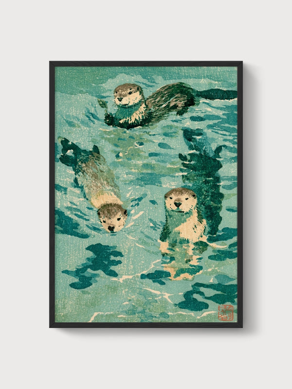Japanese Otters Woodblock Print poster in black frame