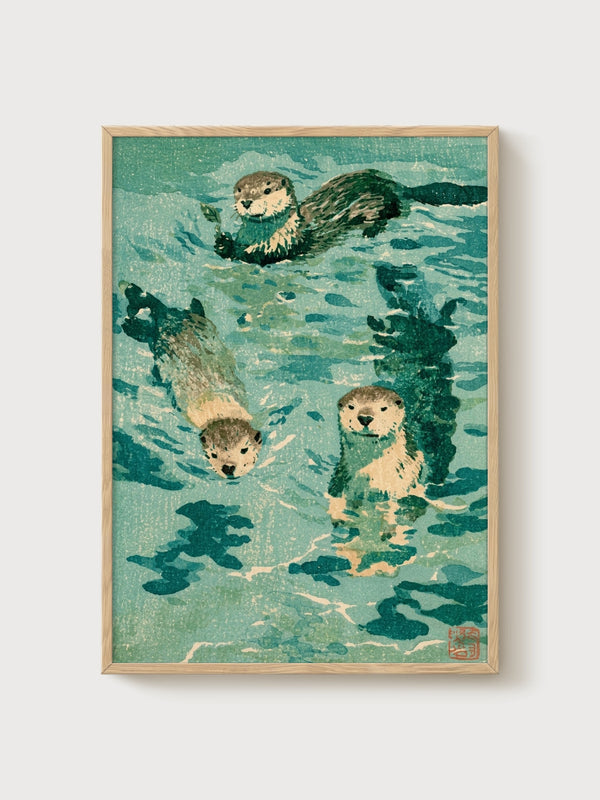 Japanese Otters Woodblock Print poster in oak frame