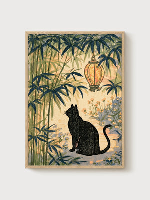 Black Cat Art poster in oak frame