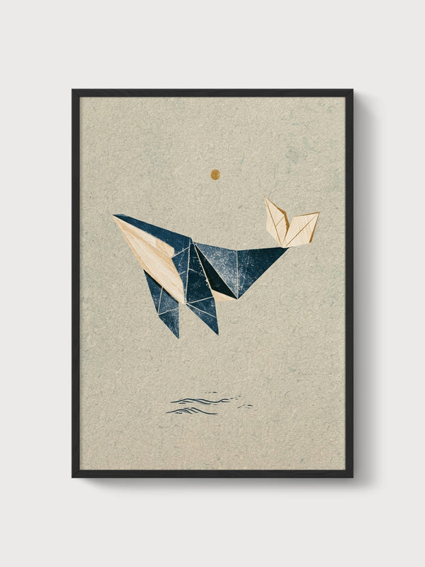 Origami Whale Ocean Art poster in black frame