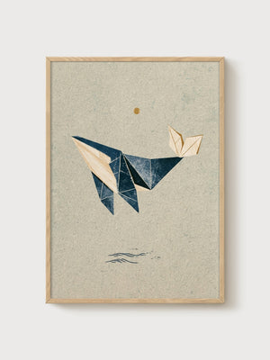Origami Whale Ocean Art poster in oak frame