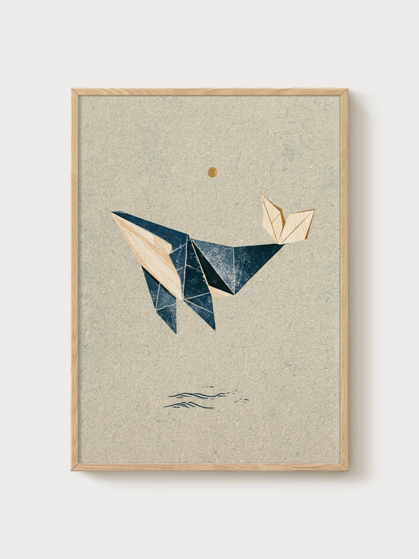 Origami Whale Ocean Art poster in oak frame
