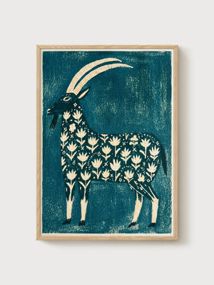 Folk Art Goat Print poster in oak frame