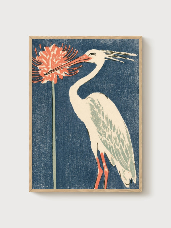 Blue Heron Wall Art poster in oak frame