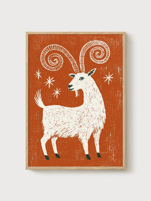 Folk Art Goat Linocut Print poster in oak frame