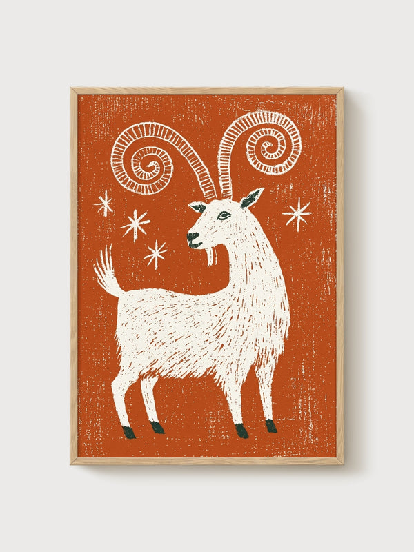 Folk Art Goat Linocut Print poster in oak frame