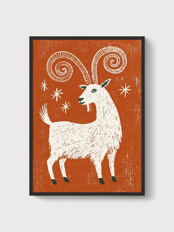 Folk Art Goat Linocut Print poster in black frame