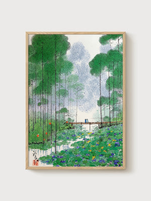 Japanese Landscape Print poster in oak frame