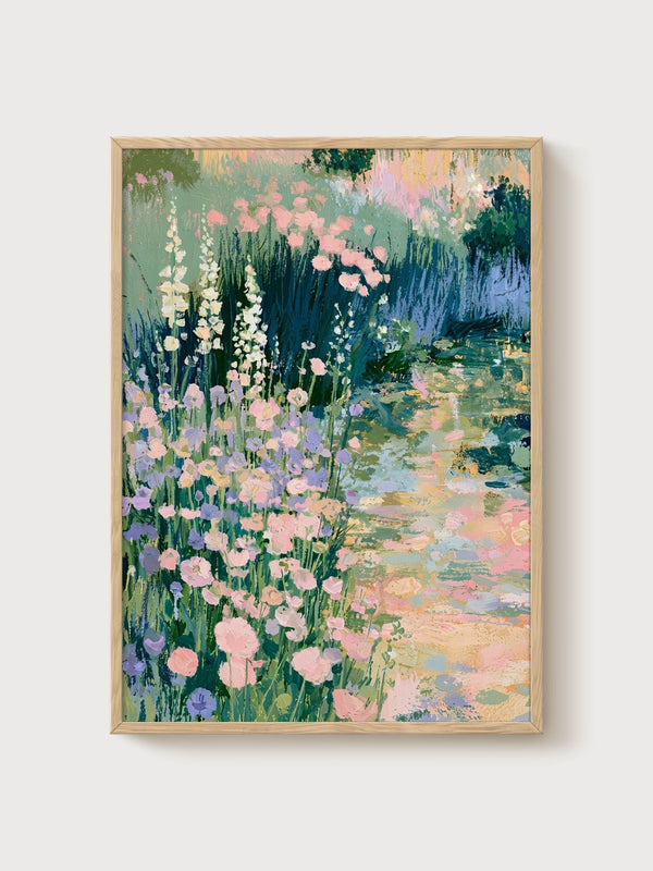 Watercolor Garden Art poster in oak frame