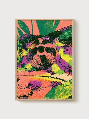 Psychedelic Pop Art Chameleon Eye Print poster in oak frame