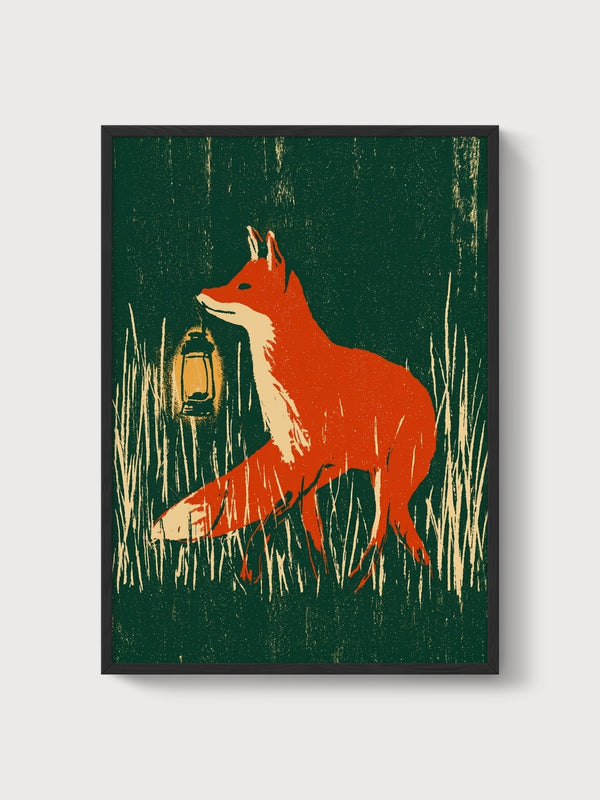 Fox With Lantern Folk Art Print poster in black frame