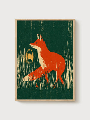 Fox With Lantern Folk Art Print poster in oak frame
