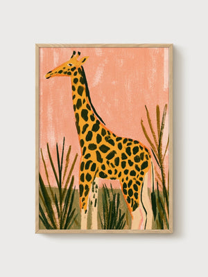 Giraffe Watercolor Painting poster in oak frame