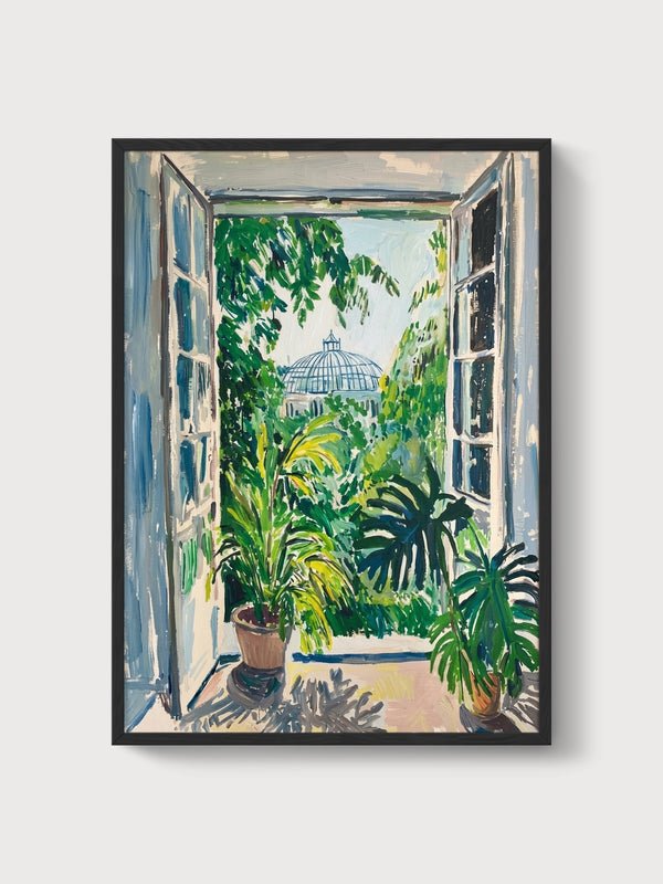 Open Window Garden View Print poster in black frame