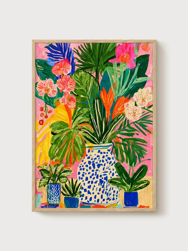 Tropical Flower Market Print poster in oak frame