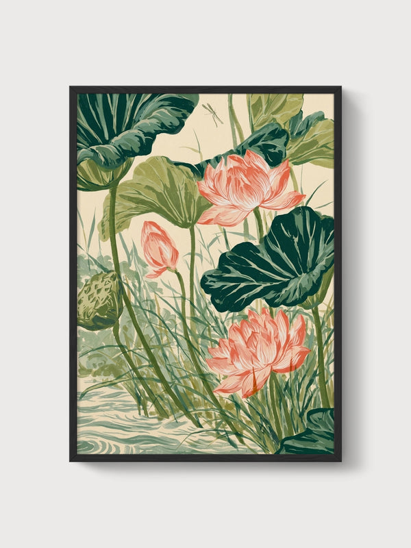 Lotus Flower Watercolor Painting poster in black frame