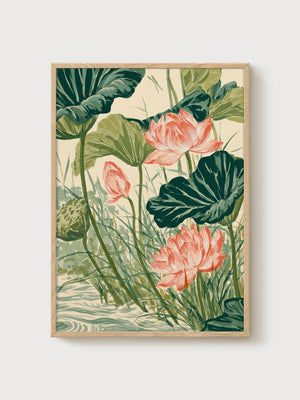 Lotus Flower Watercolor Painting poster in oak frame