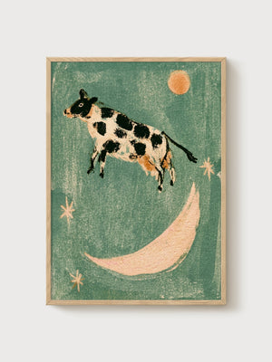 Cow Jumping Over the Moon Print poster in oak frame