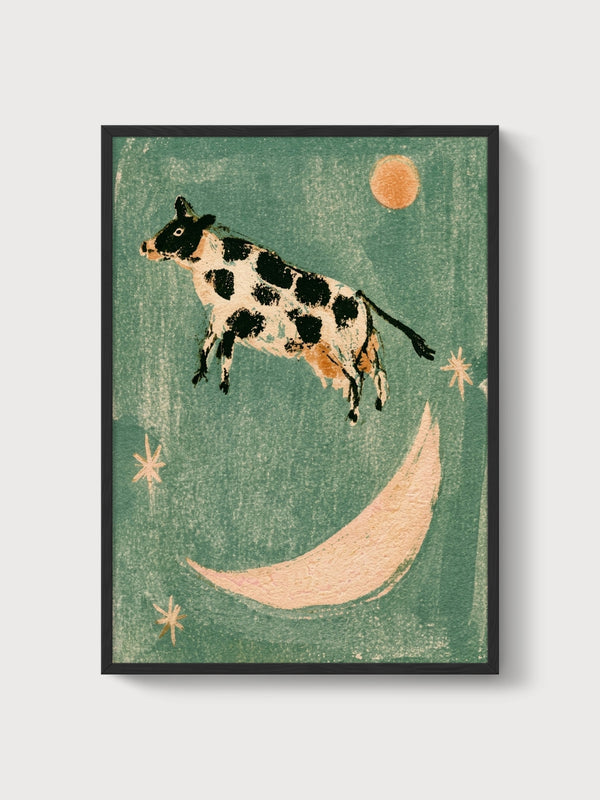 Cow Jumping Over the Moon Print poster in black frame
