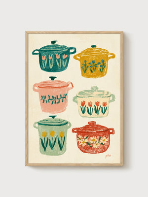 Retro Kitchen Pots Print poster in oak frame