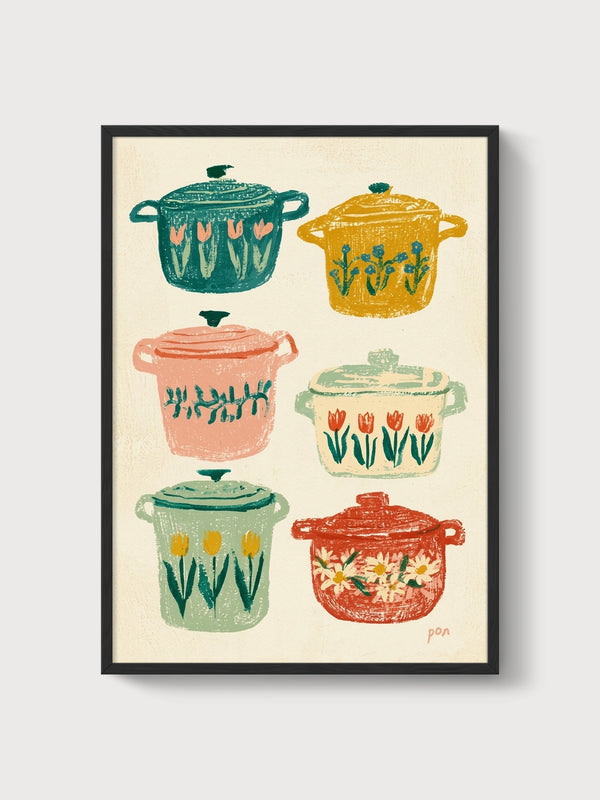 Retro Kitchen Pots Print poster in black frame