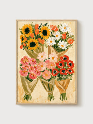 Flower Market Print poster in oak frame