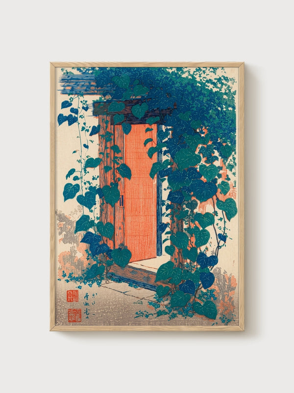 Japanese Woodblock Ivy Doorway Print poster in oak frame