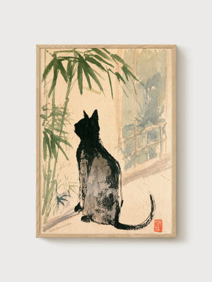 Black Cat Japanese Print poster in oak frame