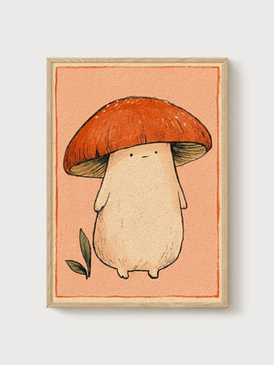 Whimsical Mushroom Wall Art poster in oak frame