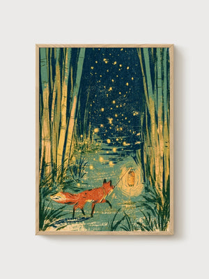 Fox Art Print poster in oak frame