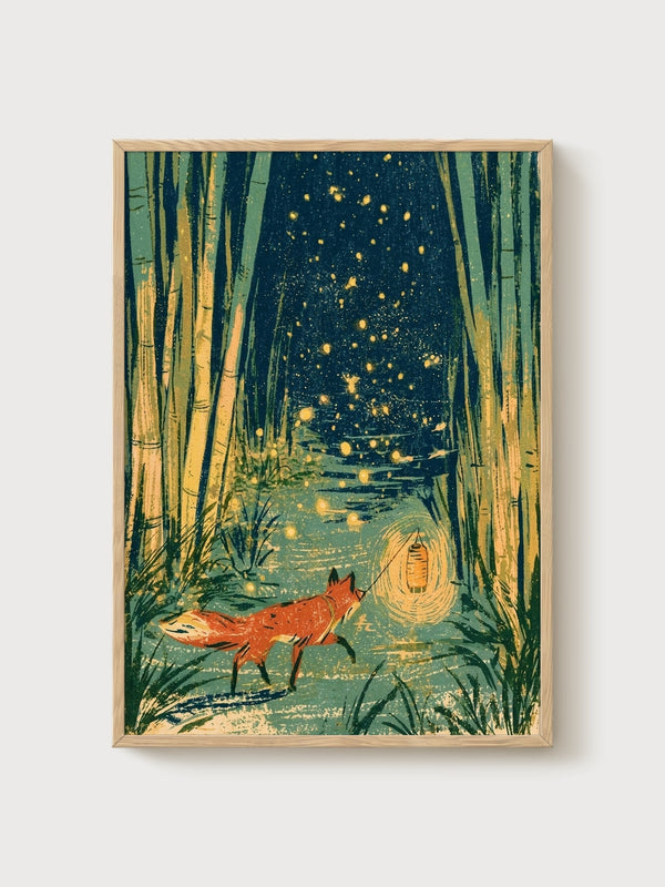 Fox Art Print poster in oak frame