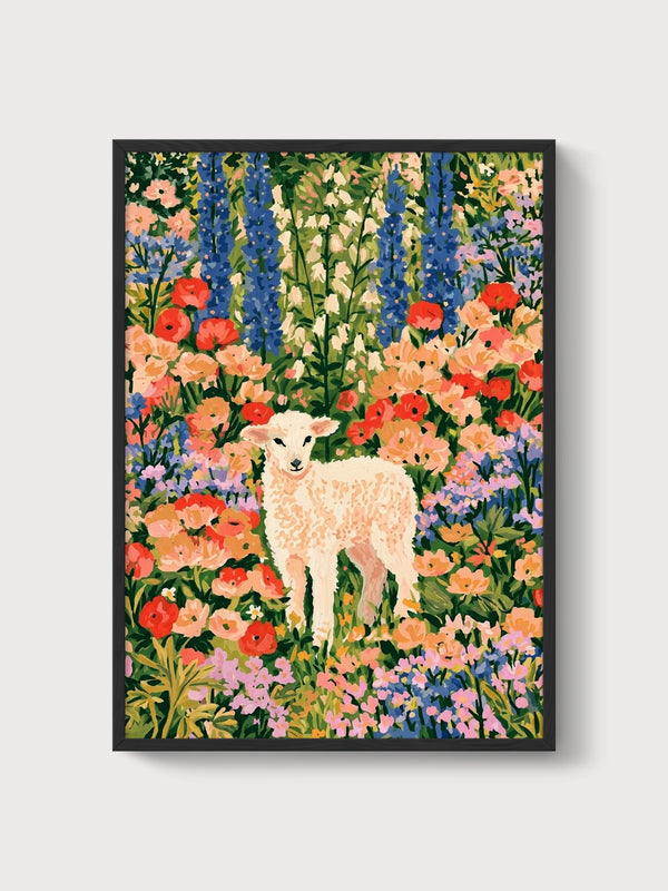 Lamb in Wildflower Meadow Print poster in black frame
